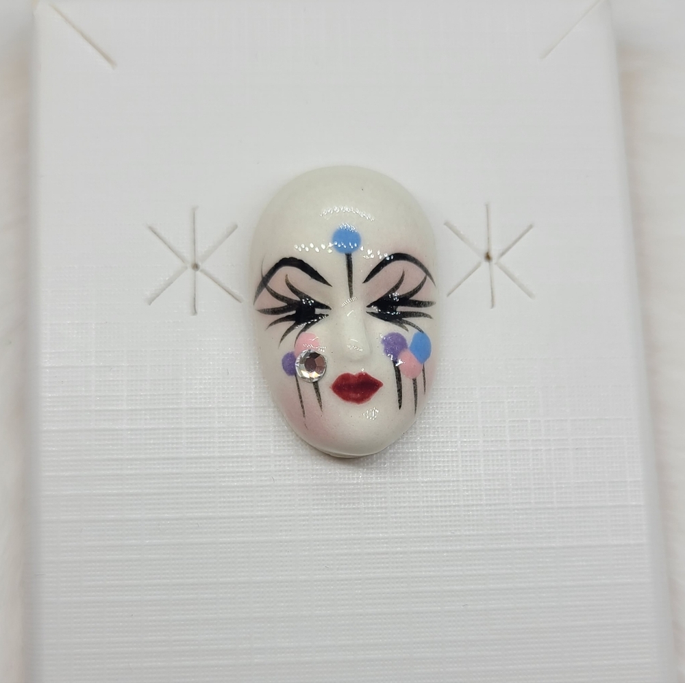 Vintage Fancy Faces Brooch Pin Handpainted Porcelain Mask Balloons w/ Rhinestone